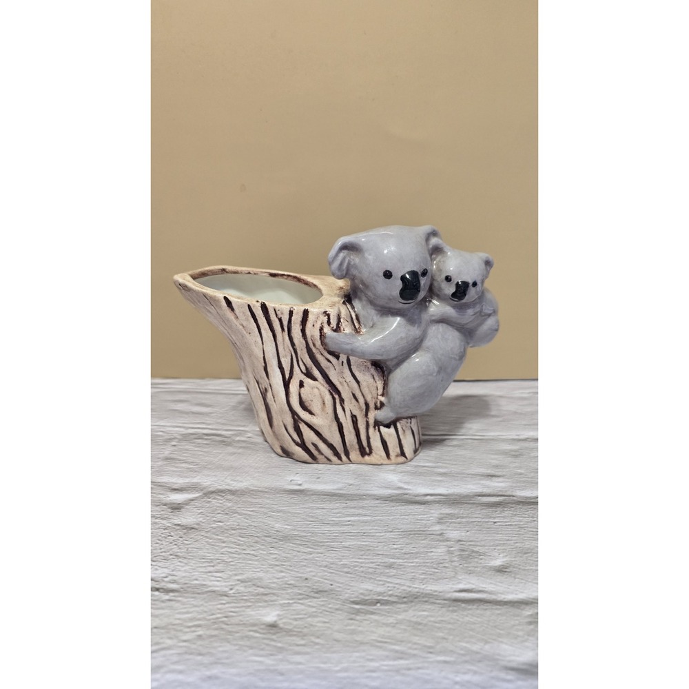 Ceramic Koala Mom And Baby Planter Grey And Brown Vintage Very Unique